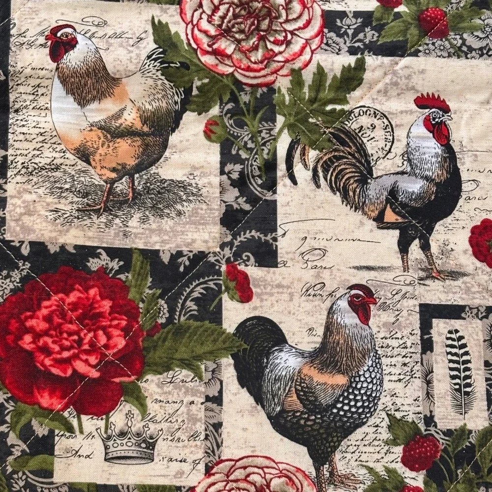 Cottage Core Rooster Peony Quilted Table Runner French Country Red Black 41x26